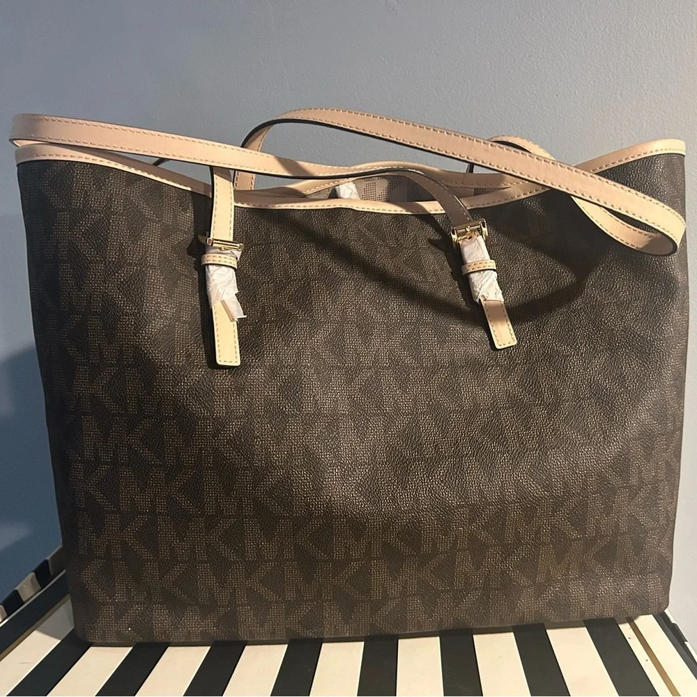 Michael Kors Brown Monogram Tote with Cream Straps